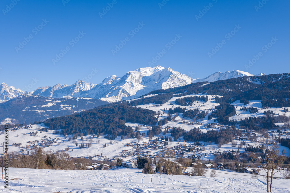 The city of Megeve in the middle of the Mont Blanc massif in Europe, France, Rhone Alpes, Savoie, Alps, in winter, on a sunny day.