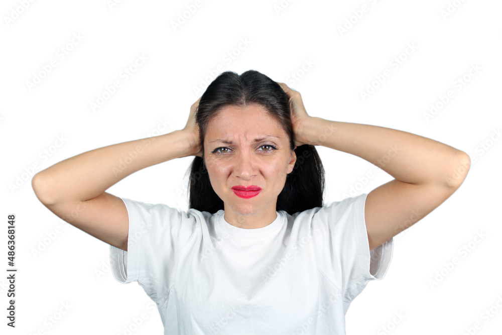 Stressed tired young woman have strong tension headache. Young woman with headache, isolated on white background Stressed tired young woman have strong tension headache. Young woman with headache, isolated on white background