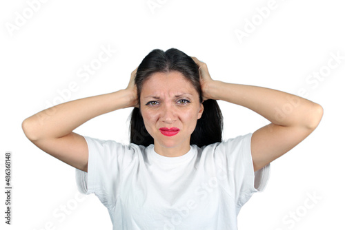 Stressed tired young woman have strong tension headache. Young woman with headache, isolated on white background