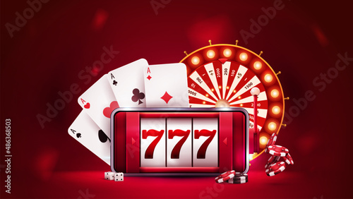 Online casino, red banner with smartphone with slot machine on screen, Casino Wheel Fortune, poker chips and playing cards.