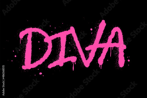 Urban street graffiti style. Slogan of Diva with splash effect and drops. Concept of feminism, women's rights. Print for graphic tee, sweatshirt, poster. Vector illustration is on black background.