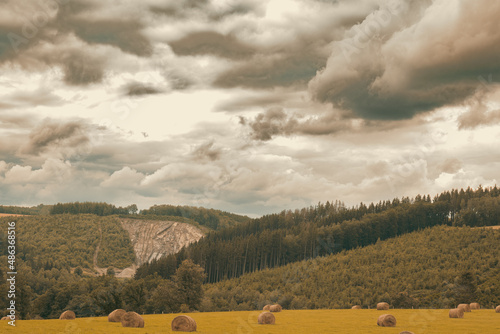 a field in autumn with straw bales. cloudy gray sky