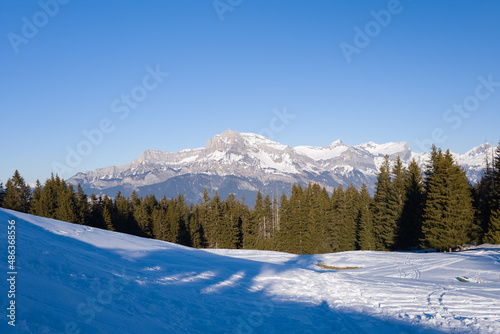 Mont Blanc Massif in Europe, France, Rhone Alpes, Savoie, Alps, in winter on a sunny day.