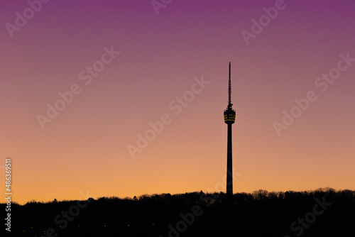 Scenic view of landmark Stuttgart TV Tower against pastel coloured clear sky, early morning, no clouds, no contrails, Dec 21, 2021 © Martin Gruber