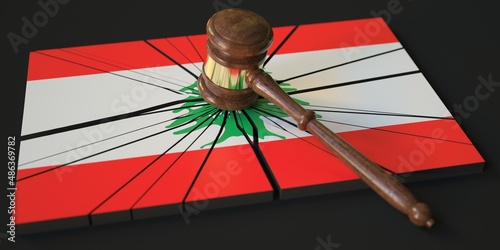 Judge's gavel and broken block with flag of Lebanon. Conceptual 3d rendering