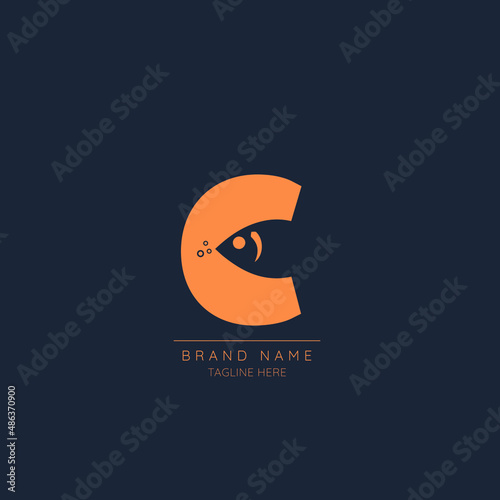 Minimal initial letter C with fish incorporated. Negative Space abstract Style Modern Vector Editable