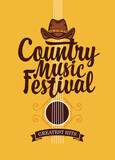 Poster for a country music festival with a brown cowboy hat and calligraphic inscription on the background of yellow guitar. Suitable for banner, playbill, flyer, invitation, cover in retro style