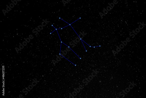 nightscape, night full of stars, view into a bright night sky of the northern hemisphere constellation Gemini, Twins