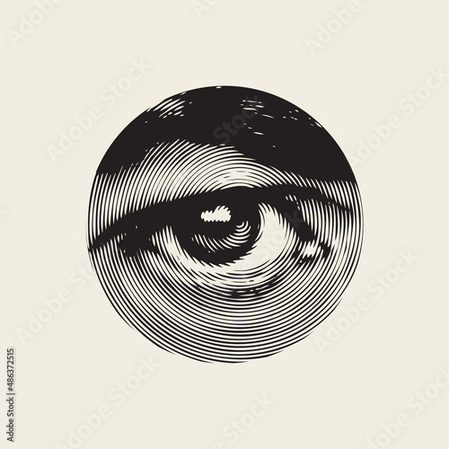 Abstract black and white banner with a wide-open human eye and an eyebrow in close-up in a round frame on a light background. Monochrome vector illustration in retro style.