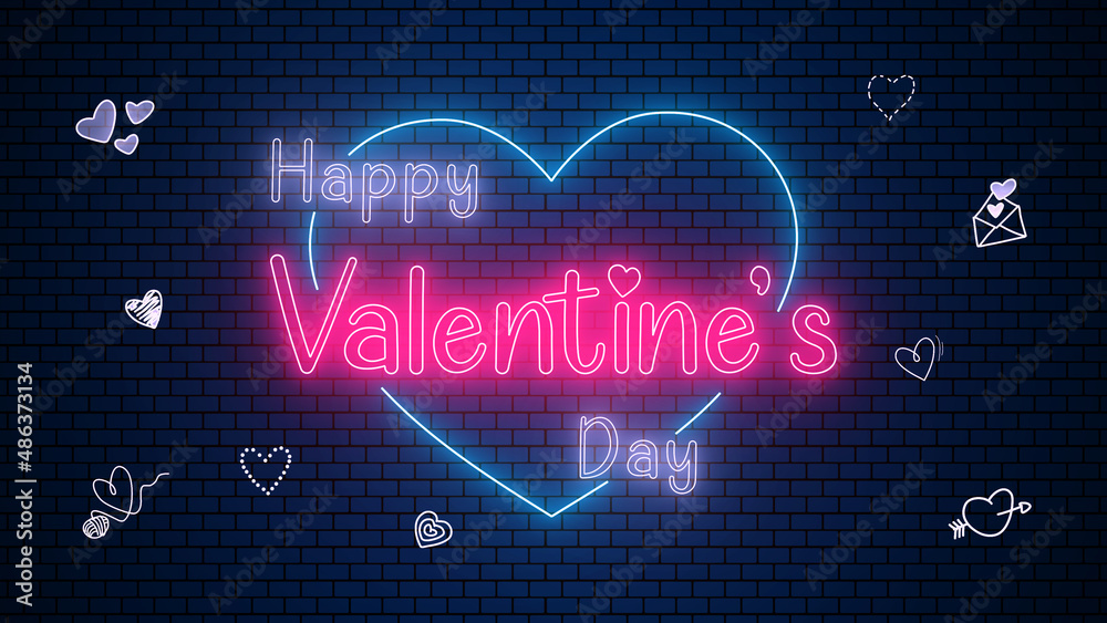 neon light happy valentine's day and lovepink text and blue heart on brick wall,light show,romance concept,valentine elements