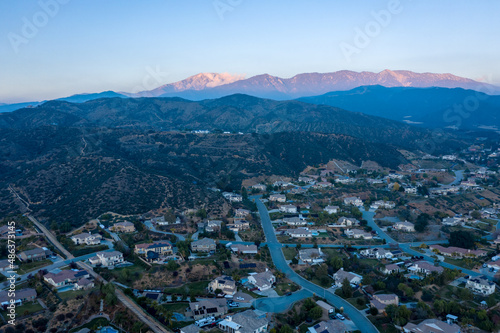 Aerial sunset view with mountains