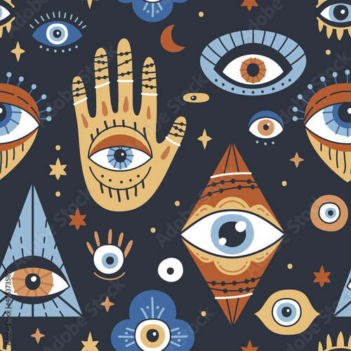 Background with evil, turkish, esoteric eye different shapes. Seamless pattern design with Evil Eye, Hamsa, Hand of Fatima. Hand drawn various talismans. Wallpaper repeatable texture with amulets.
