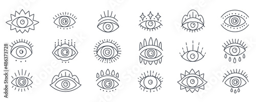 Evil doodle eye. Hand drawn magic witchcraft eye talisman. Amulet talisman in a trending minimal linear style. for t-shirt prints, boho posters, cards, covers, logo designs and tattoos