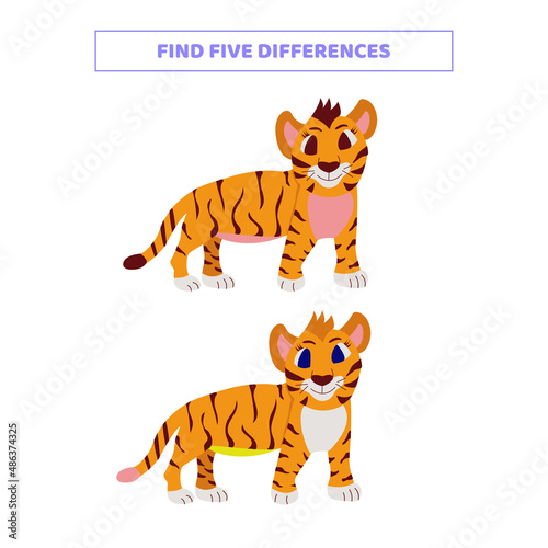 Find five differences between cartoon tigers.
