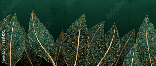 Luxury dark golden background with leaves in line art style. Botanical art banner with tropical golden leaves with green texture. Modern art wall for web decoration, decor, design, fabric