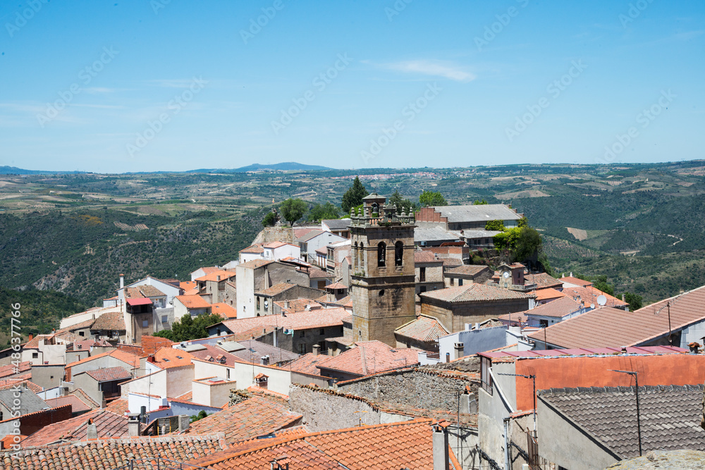 Obraz premium Beautiful aerial view of Fermoselle. Bell tower and rooftops. Village in Zamora, Spain. Europe