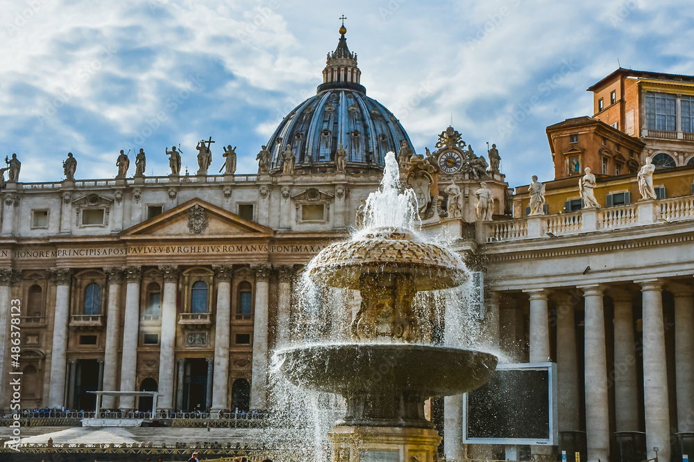 Rome, Italy - October, 2019: Vatican Obelisk, Maderno Fountain, Bernini's Colonnade, the Basilica on Saint Peter's Square in the city of Rome.