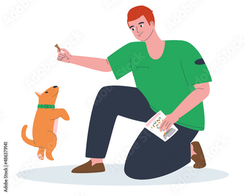 The owner of a pet trains his puppy. The trainer trains the dog in special courses. Jump command. Flat vector illustration. EPS10