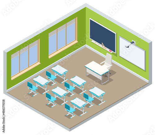 Isometric empty school classroom. Education. Classroom design with modern desks, seats and blackboard. Back to school concept.