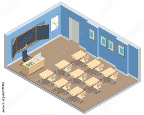 Fototapeta Naklejka Na Ścianę i Meble -  Isometric empty school classroom. Education. Classroom design with modern desks, seats and blackboard. Back to school concept.