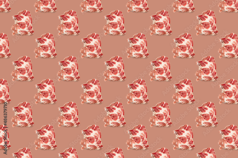 custom made wallpaper toronto digitalSeamless food pattern with raw pork meat slices on pink background, beef steaks. top view. Food flatly flat lay