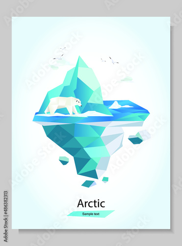 low poly style geometric arctic nature island with white polar bear on an ice floe in the middle of the ocean. Vector Illustration of environmental protection concept, stop global warming. 