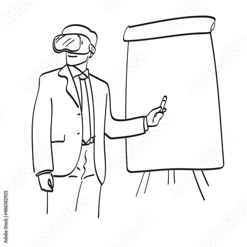 line art businessman with vr glasses presenting on blank paper board space illustration vector hand drawn isolated on white background