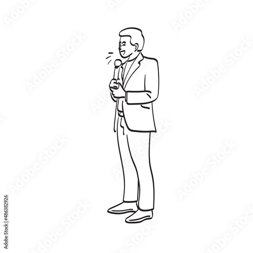 line art full length businessman using microphone illustration vector hand drawn isolated on white background