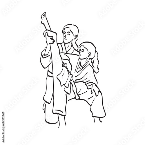 line art trainer stretching girl legs in taekwondo course illustration vector hand drawn isolated on white background