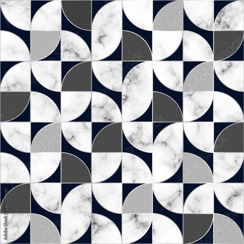 Bauhaus geometric seamless pattern. Retro abstract geometry background. Repeated mosaic design for prints. Mark modern texture. Repeating shapes circle and square. Swiss style. Fun element. Vector