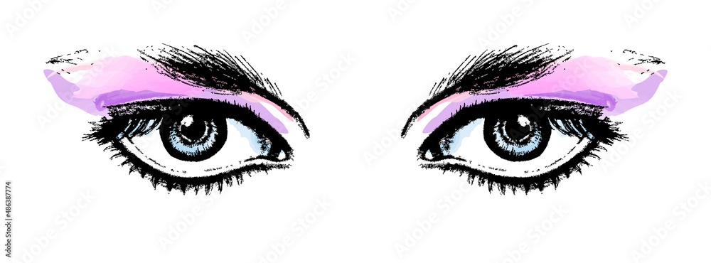 Fashion sketch, expressive eyes with makeup. Vector