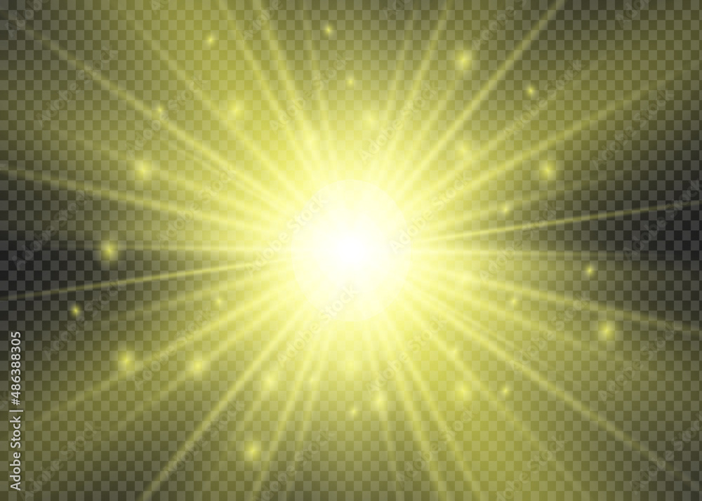 Glowing isolated star. Yellow transparent light effect, glare, explosion, glitter, line, sun flare, spark and stars