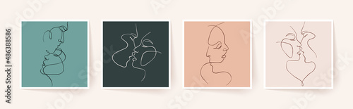 Set of one line faces, couple man and woman. Valentine's day minimalistic vector illustration.