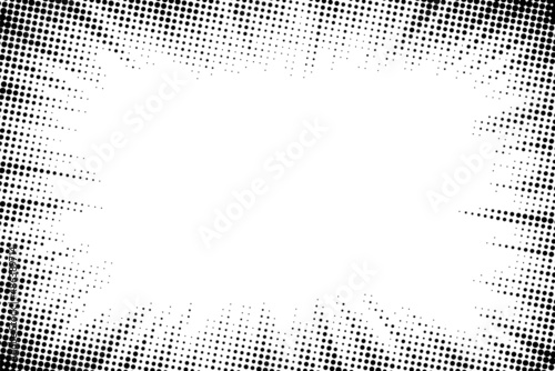 Edge frame. Halftone cartoon border. Pop art dot. Attention pattern. Faded attention texture. Black line isolated on white background. Concentration lines design. Grunge dots zoom. Vector illustration photo
