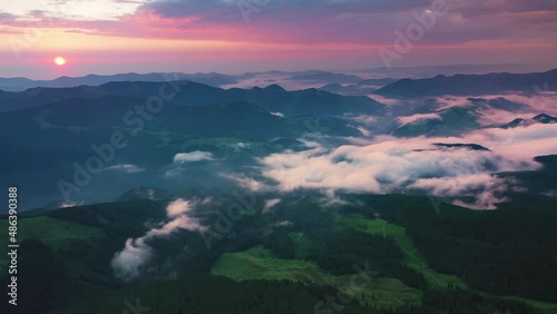 Wallpaper Mural Mountain morning of Ukraine in  Carpathians transparent haze in  valleys sunrise gentle fabulous. Houses of Ukrainian mountaineers  of Verkhovyna. Drone flight video.  Torontodigital.ca