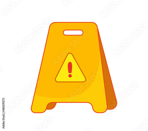 Plastic warning sign. Caution wet floor! Lime sign, yellow color with an exclamation point. Vector illustration in cartoon childish style. Isolated funny clipart with outline. cute print.