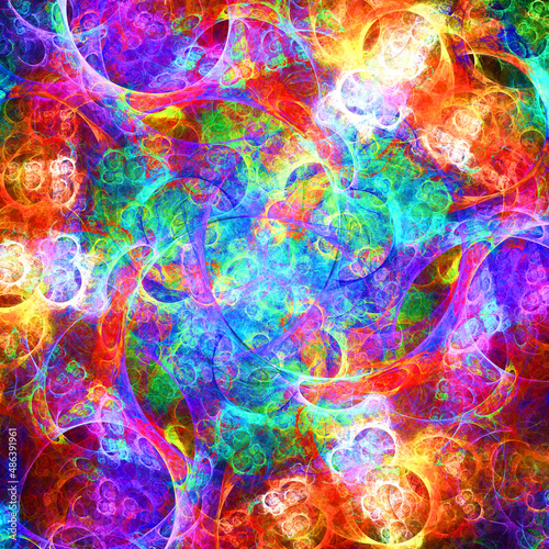 Imagen de arte digital fractal compuesto de trazos elípticos y formas indefinidas en colores llamativos formando un conjunto de burbujas gaseosas fluorescentes entrelazadas.