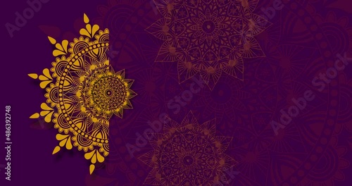 Gold purple mandala background. Folk luxury animation. For yoga, design. Golden purple abstract flowers loop photo