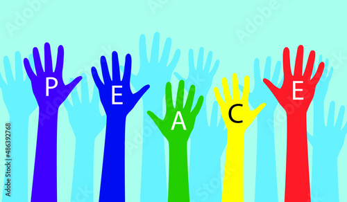 Vector of colorful raised hands with a word "piece" written on them