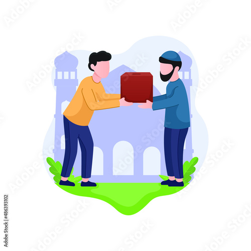 Ramadan pay zakat and share with other illustration concept, A Muslim giving zakat  when Ramadan month, Give charity to the other person