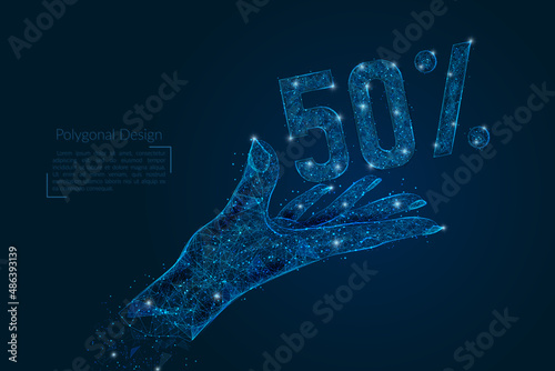Abstract isolated image of human hand with 50 percent offer. Polygonal low poly style illustration looks like stars in the blask night sky in spase or flying glass shards.