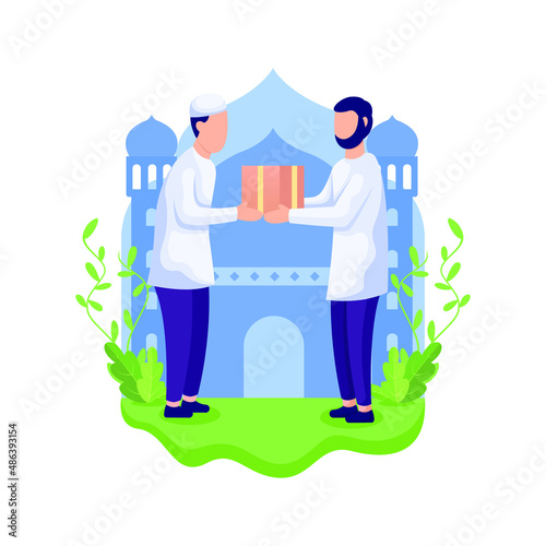 Ramadan pay zakat and share with other illustration concept, A Muslim giving zakat  when Ramadan month, Give charity to the other person