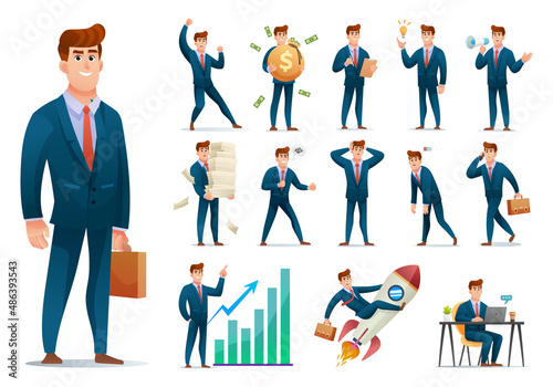 Set of businessman character with different poses and situations cartoon illustration