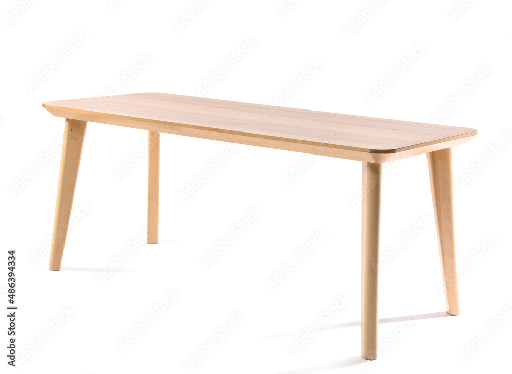 Stylish wooden coffee table on white background