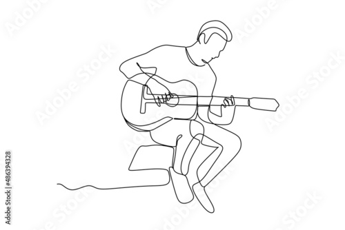 continuous line drawing of  a male sitting guitarist playing guitar. Dynamic musician artist performance concept single line graphic draw design vector illustration