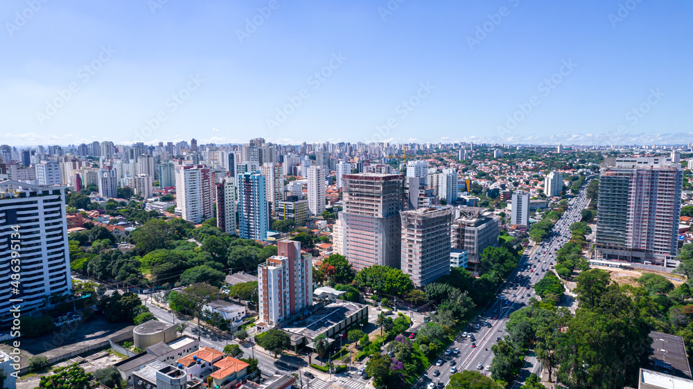Obraz premium Aerial view of the city of São Paulo, Brazil. In the neighborhood of Vila Clementino, Jabaquara. Aerial drone photo. Avenida 23 de Maio in the background. Many residential buildings under construction