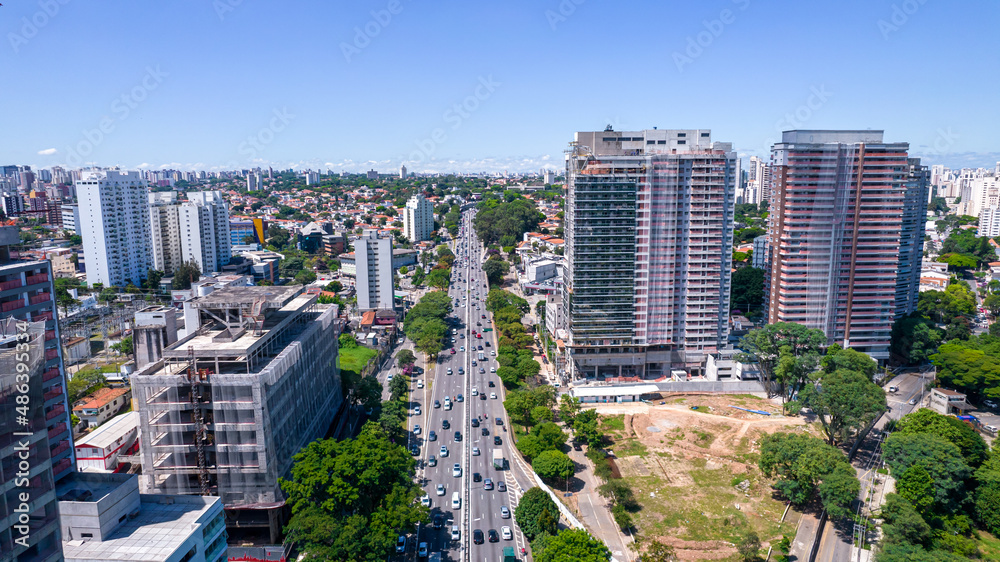 Obraz premium Aerial view of the city of São Paulo, Brazil. In the neighborhood of Vila Clementino, Jabaquara. Aerial drone photo. Avenida 23 de Maio in the background. Many residential buildings under construction