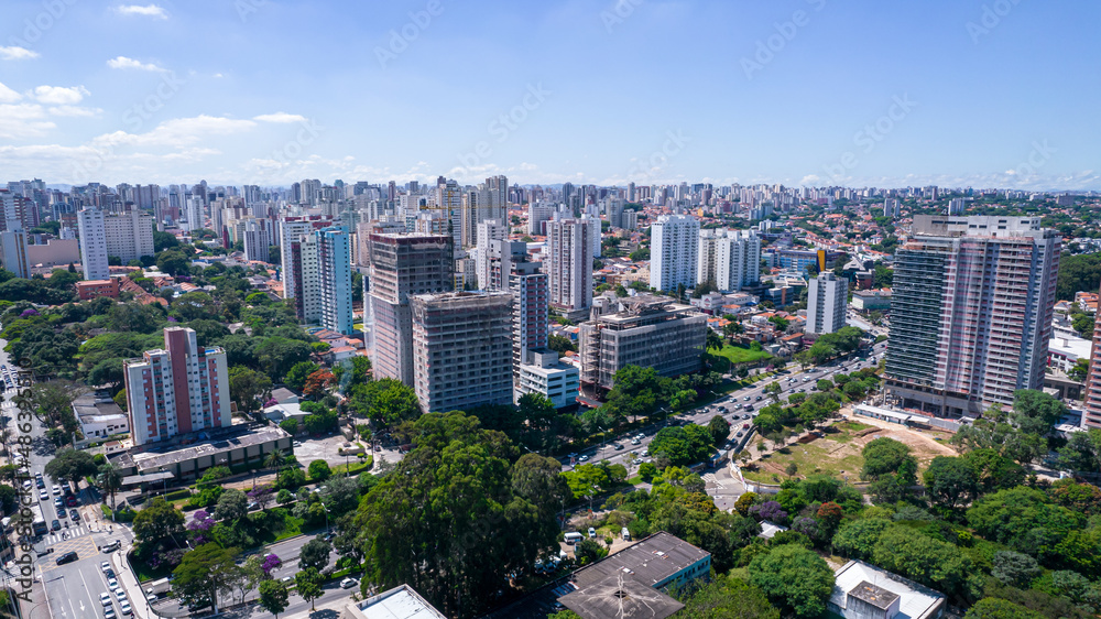 Aerial view of the city of São Paulo, Brazil.
In the neighborhood of Vila Clementino, Jabaquara. Aerial drone photo. Avenida 23 de Maio in the background. Many residential buildings under construction