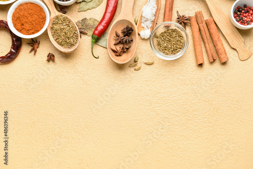 Composition with different aromatic spices on color background