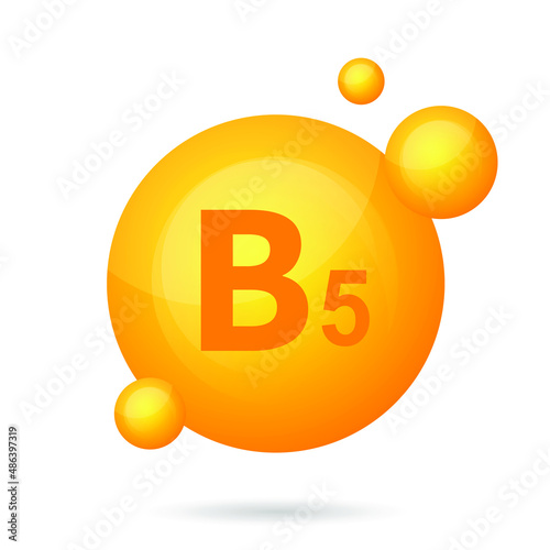 Vitamin b5 pill icon. Pantothenic acid nutrition care. Gold drop essence. Isolated golden vector symbol of b5 vitamin